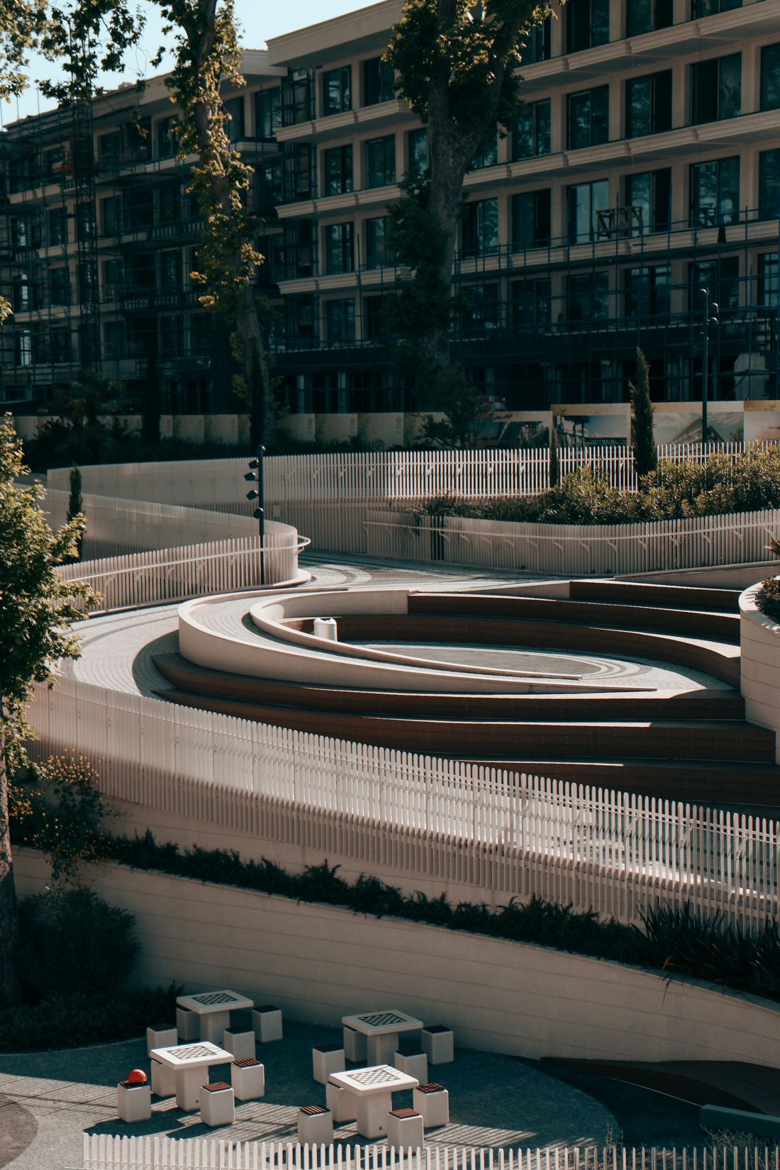 Landscaped residential development with curved terraces